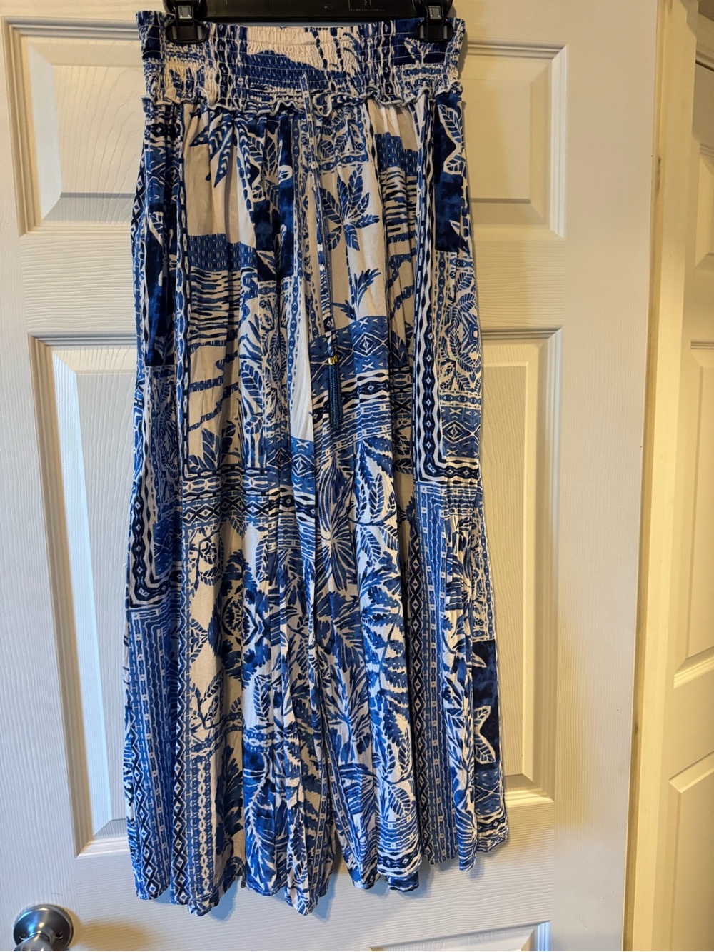 Blue and White Printed Pants with Smocked Waist